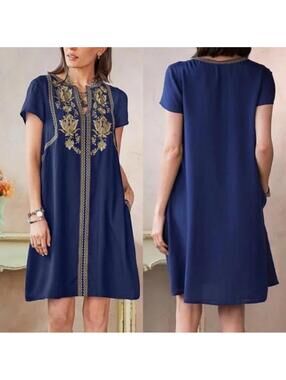 Sundance Venezia Navy & Gold Embroidered V-neck Dress/Tunic (Large, EUC)